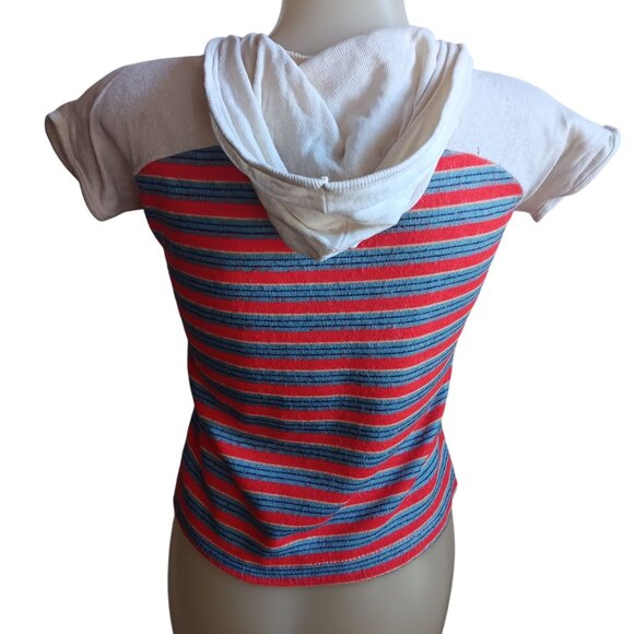 Vintage Small 1970's Hoody T-shirt Top Hippy Striped With Scoop Neck - Picture 2 of 6